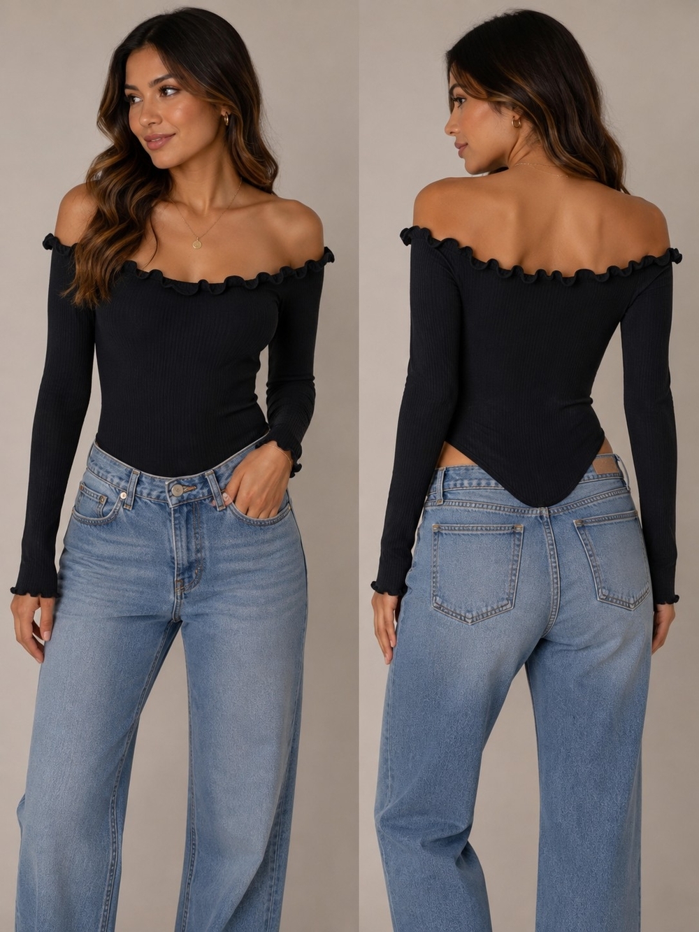 Rue21 Black Off-Shoulder Ruffle Hem Long Sleeve Top